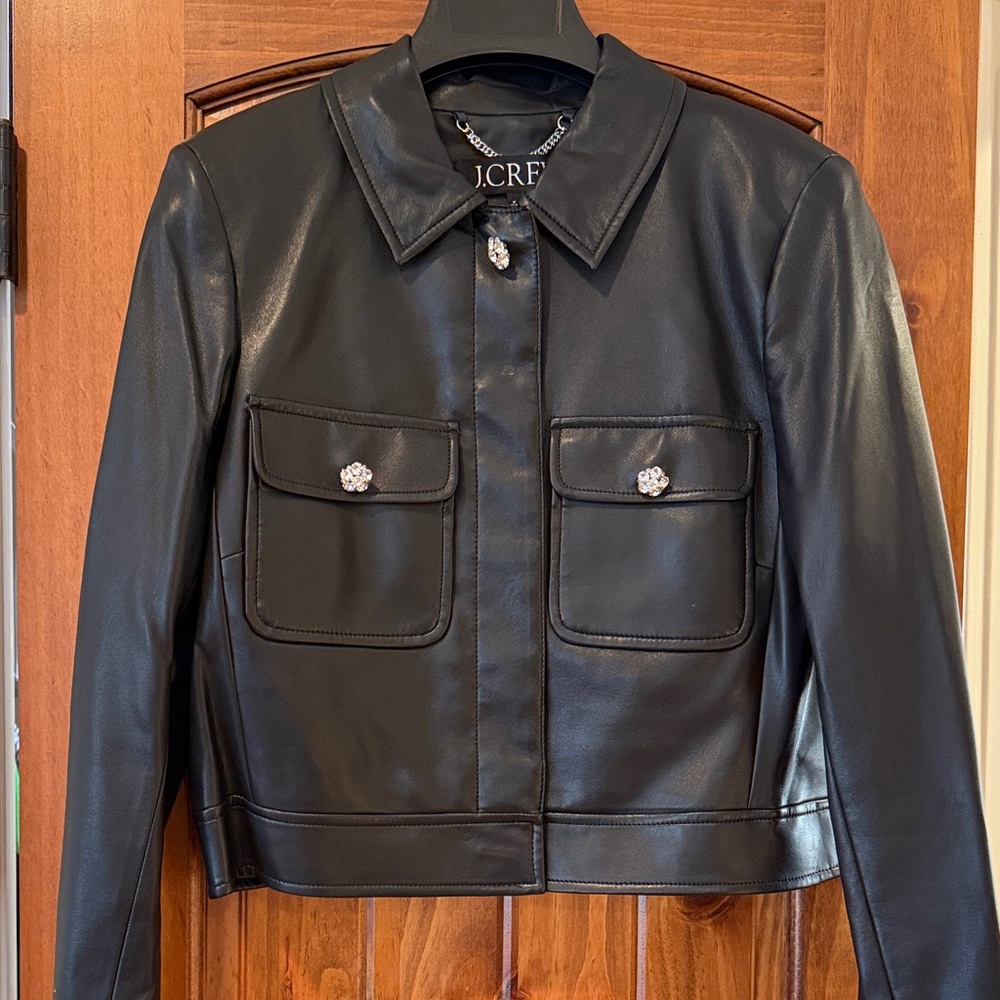J. Crew Elegant Black Faux Leather Jacket with Crystal Buttons